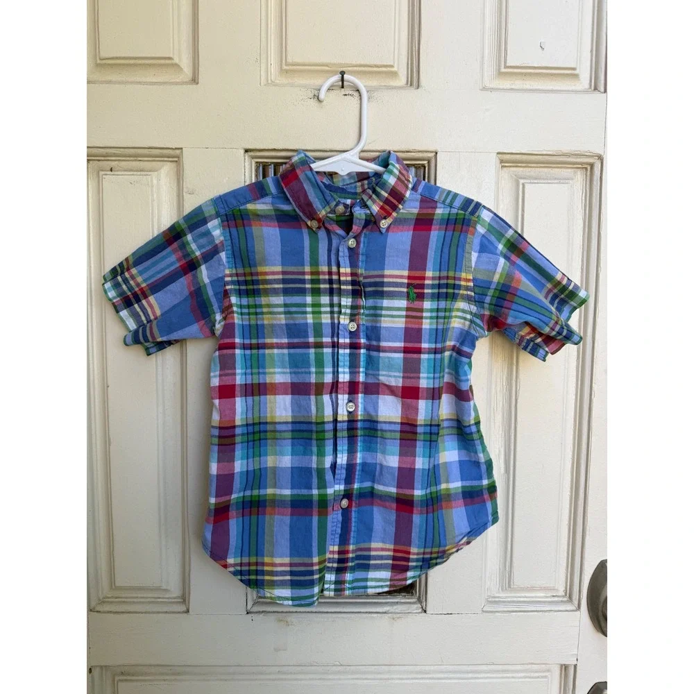 Ralph Lauren Boys Short Sleeve Plaid Button Down Shirt Blue Red Madras Size 3T